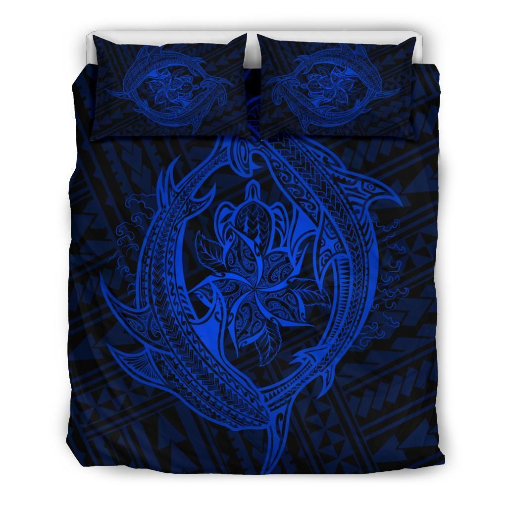 Alohawaii Bedding Set – Cover And Pillow Cases Hawaiian Hamerhead Shark Yin Yang Plumeria Polynesian – Blue – Ah J9