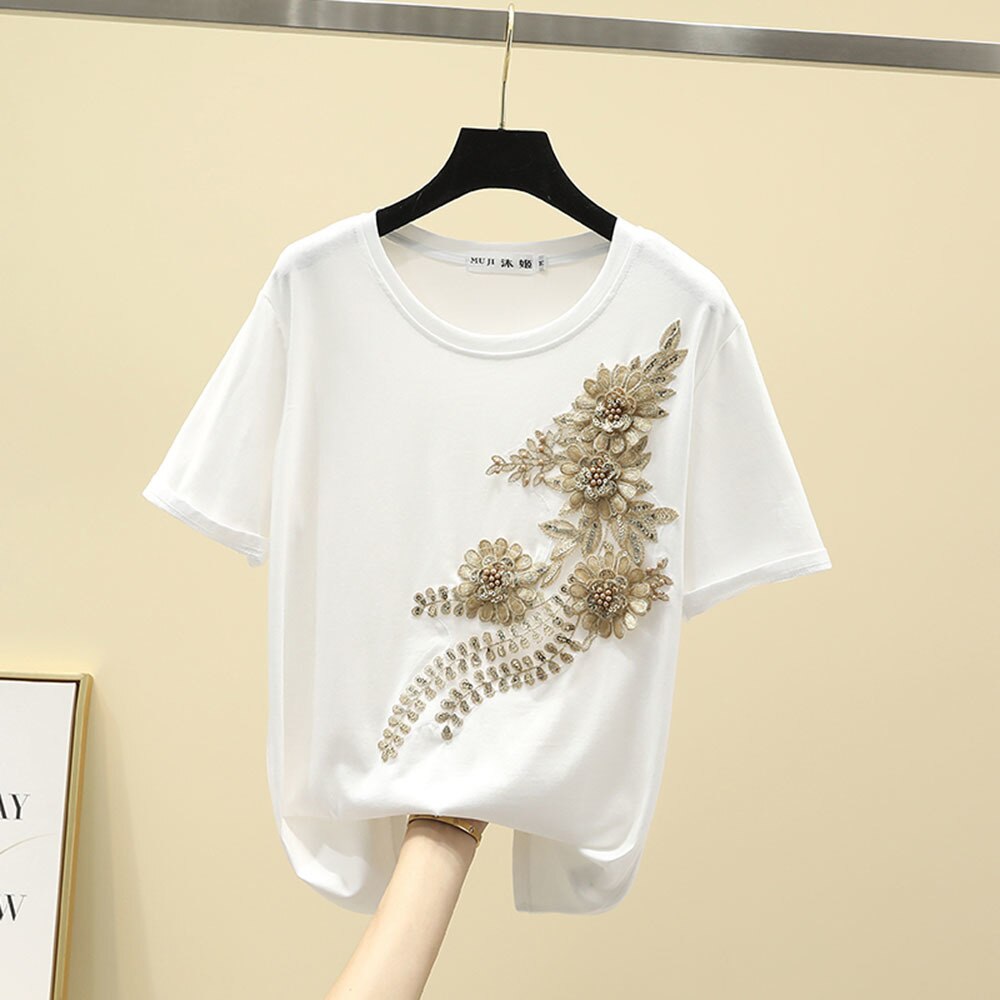 3D Flower T Shirt Women Clothes Summer Short Sleeve Embroidery Vintage TShirt Female Tops Casual Black White Tee Shirt 2022 4XL alx