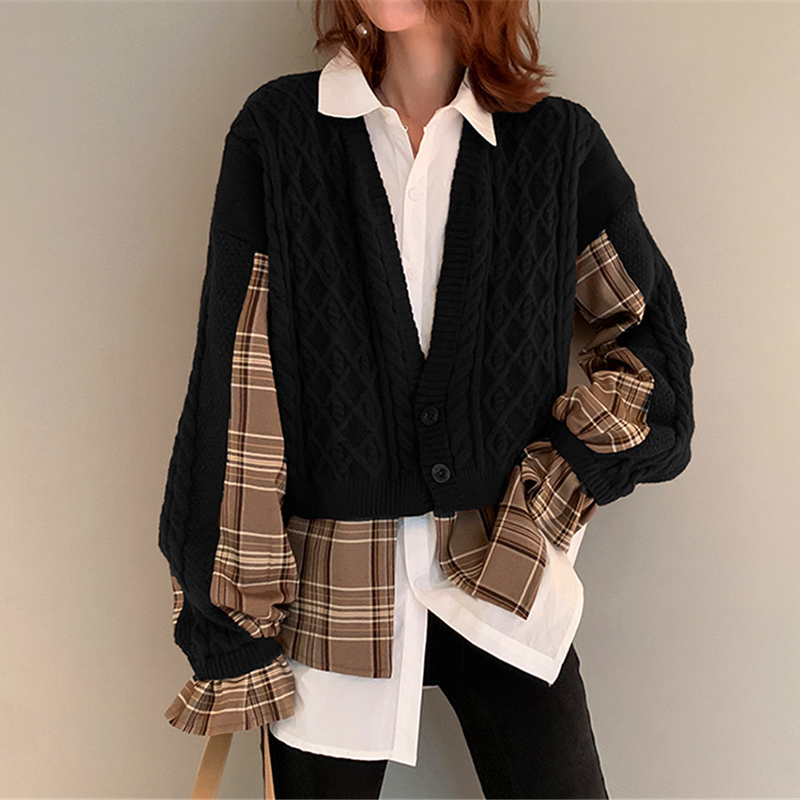 [EWQ] Korea Chic Knitted Cardigan Spliced Women’s Autumn 2022 New Laple Loose Single Breasted Long Sleeve Sweater 2022 16E2810 alx