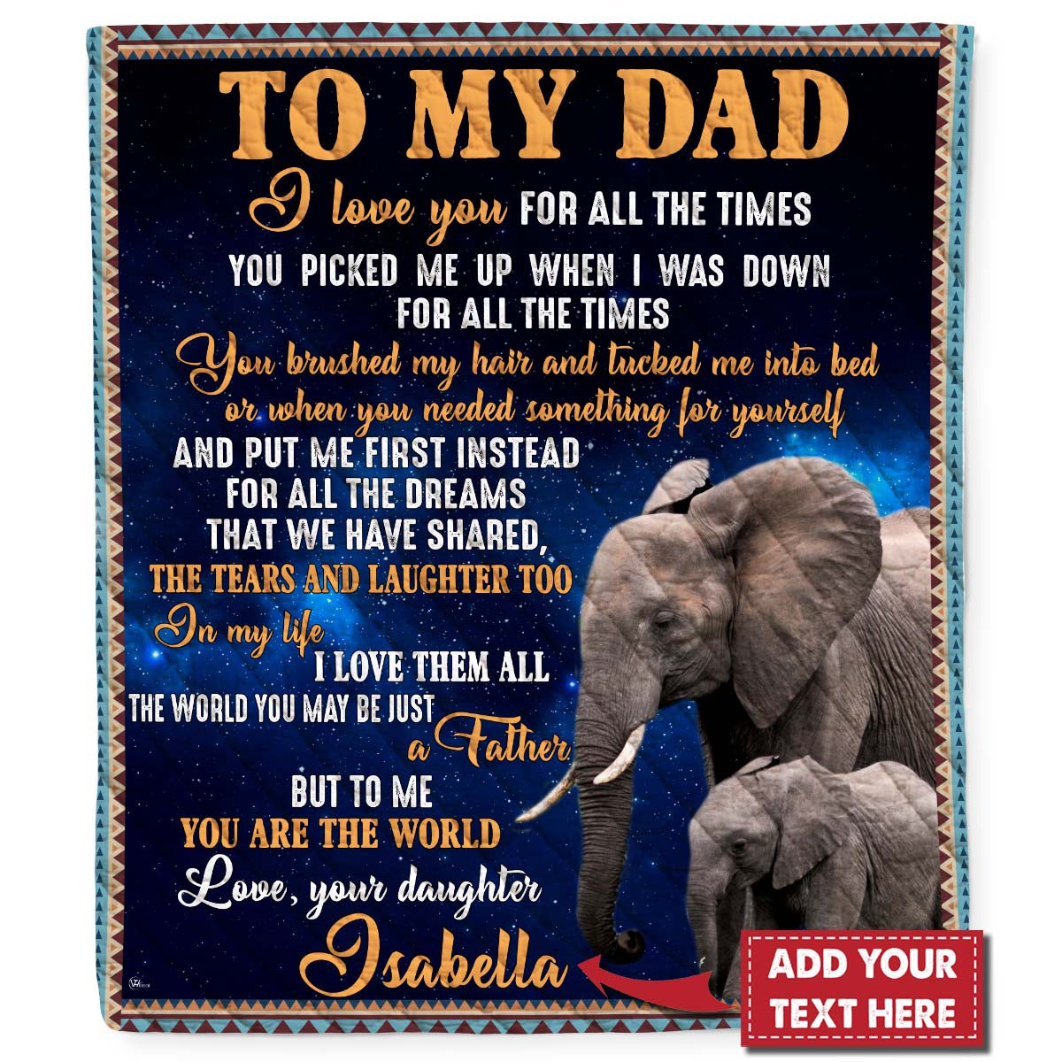 Personalized Custom Son Daughter Kids Name To My Dad Daddy Fathers Day Elephant Quilt Blanket