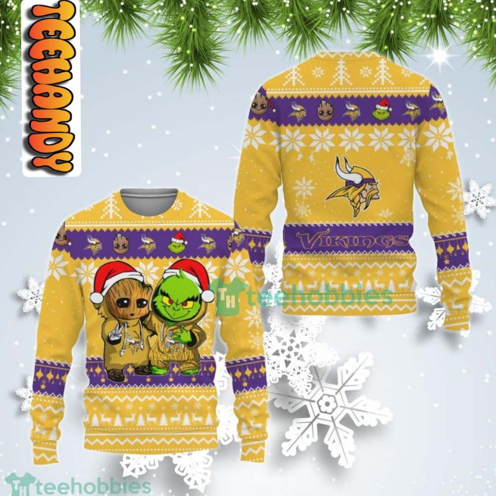 Minnesota Vikings Baby Groot And Grinch Best Friends Gift For Fan Ugly Wool Sweater Christmas