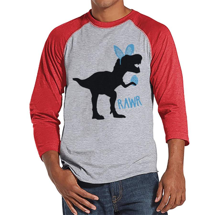 Men’s Easter Shirt – Bunny Dinosaur Happy Easter Shirt – Dino Happy Easter Tshirt – Gift for Him – Humorous Spring Shirt – Red Raglan