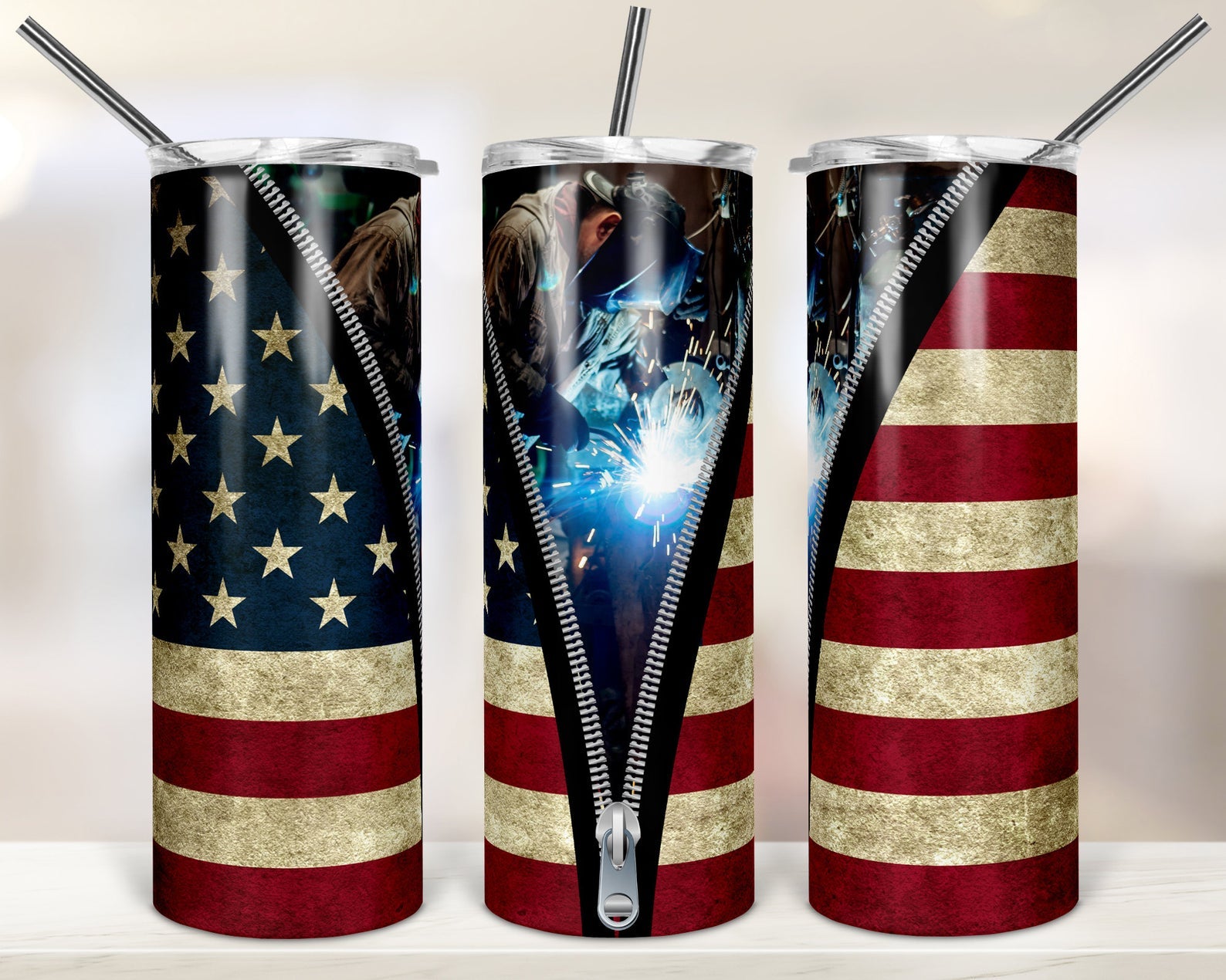 Welder Gift, Patriotic American Welder Zipper 20Oz Skinny Tumbler