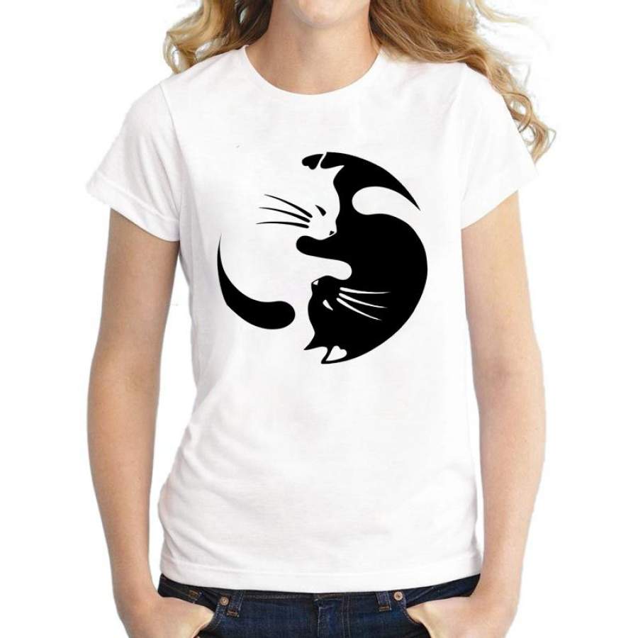 Yin Yang Cats Kittens T-Shirt Women T Shirt Cotton Casual Funny Shirt For Lady White Gray Top Tee Hipster