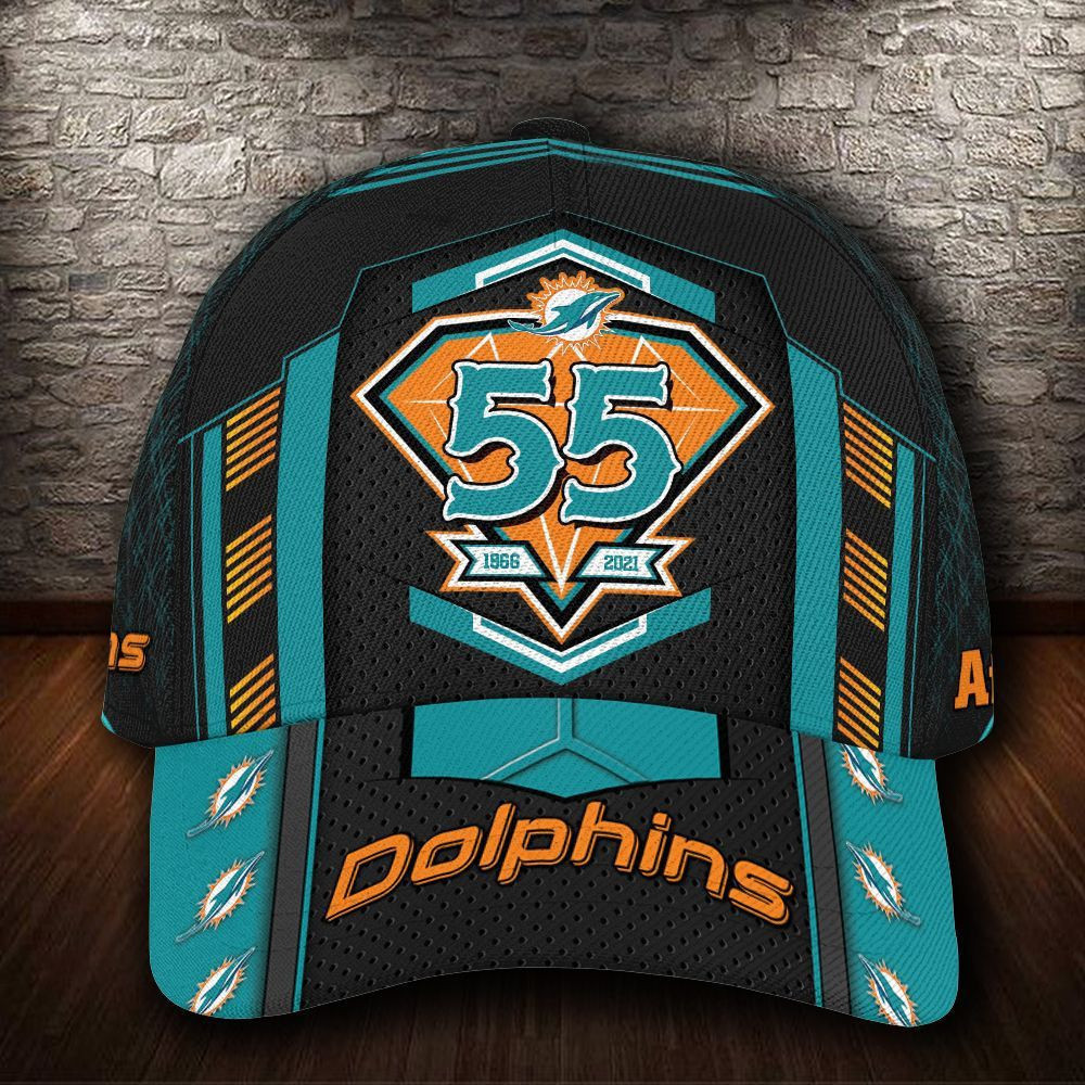 Personalized Miami Dolphins 55 Years Anniversary 1966 2021 All Over Print 3D Baseball Cap – Black Blue