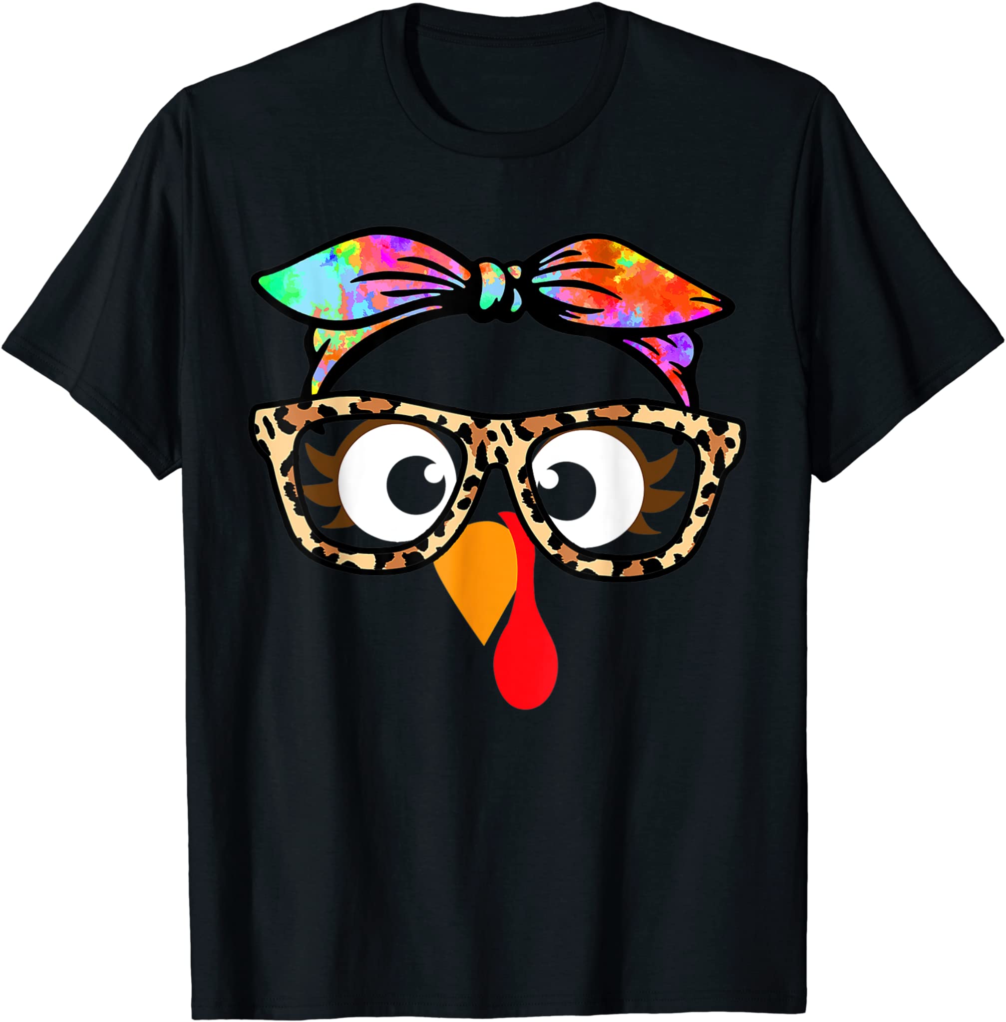 Turkey Face With Tie Dye Bandana Glasses Girls Thanksgiving T-Shirt