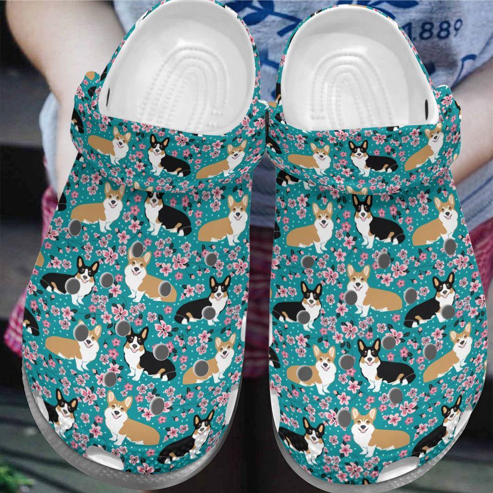 Corgi Personalize Clog, Custom Name, Text, Fashion Style For Women, Men, Kid, Print 3D Whitesole Corgi Blossoms