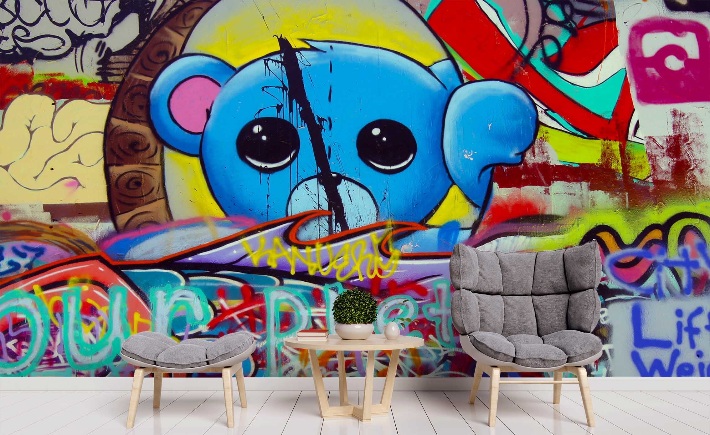 3D Colourful Graffiti Art Animal Bear Letter Wall Mural Wallpaper Zy D58