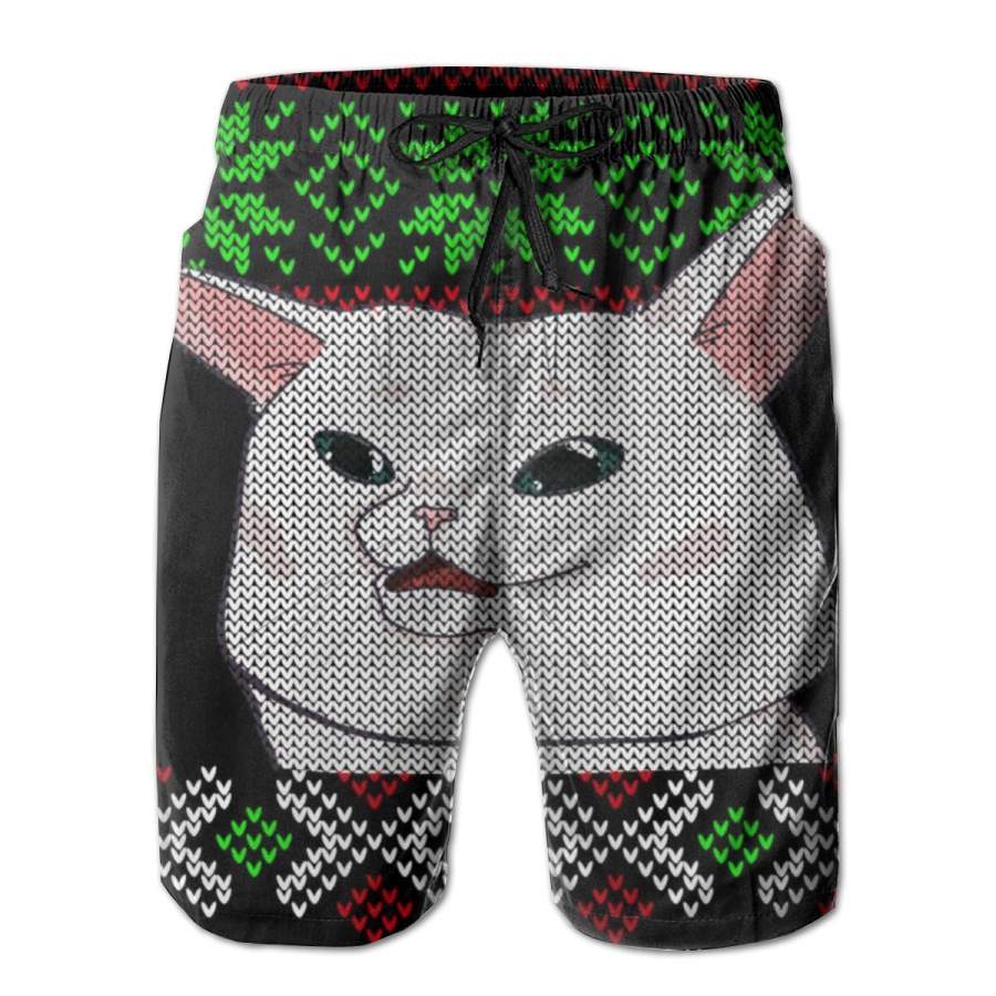 2 Pack Woman Yelling At A Cat Ugly Christmas Sweater 2023 Meme Poster Men Swim Trunks Drawstring Elastic Waist Quick Dry Beach Shorts With Mesh Lining Swimwear Bathing Suits