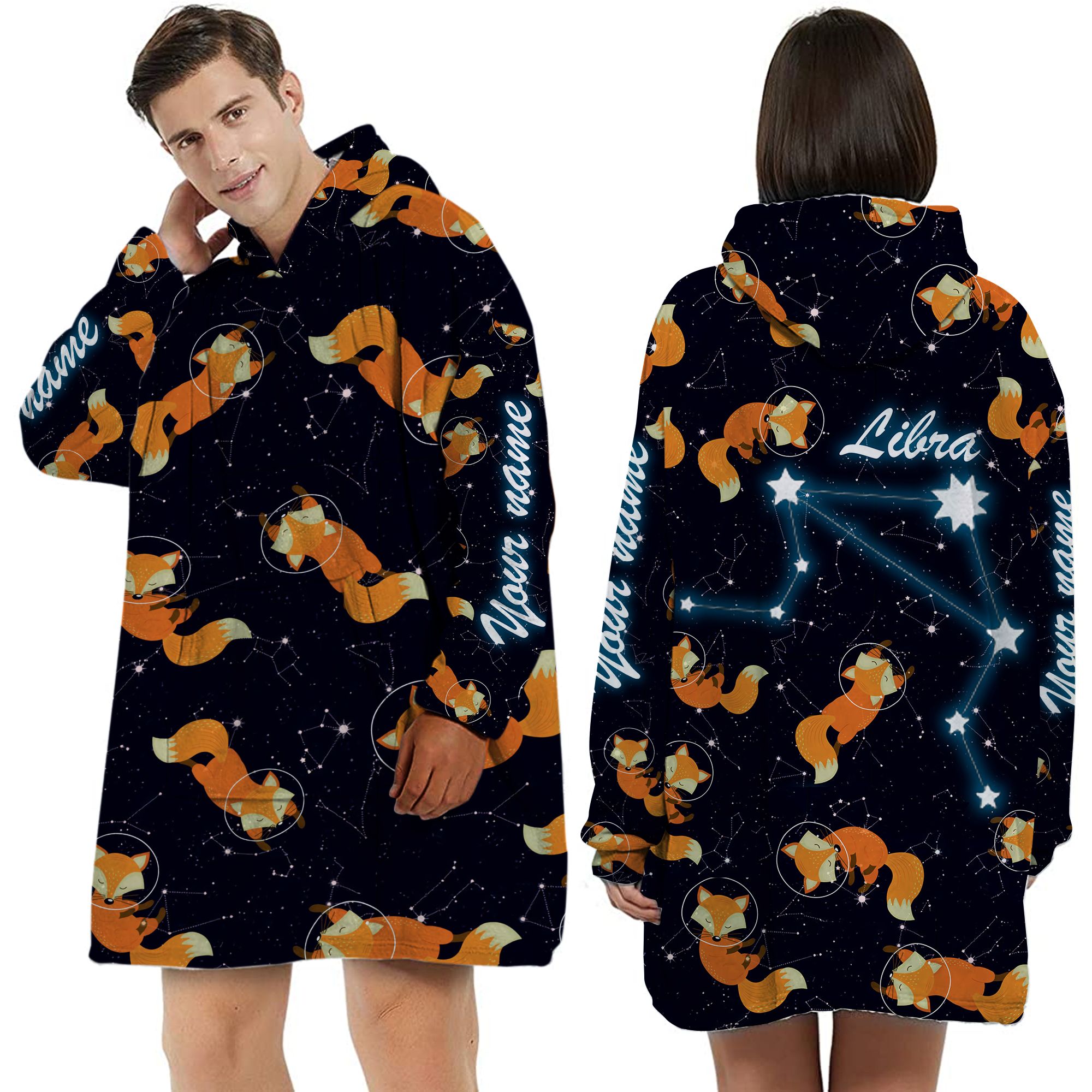 Zodiac Libra Foxes Custom Name Huggle Hoodie For Animal And Astronomy Lovers