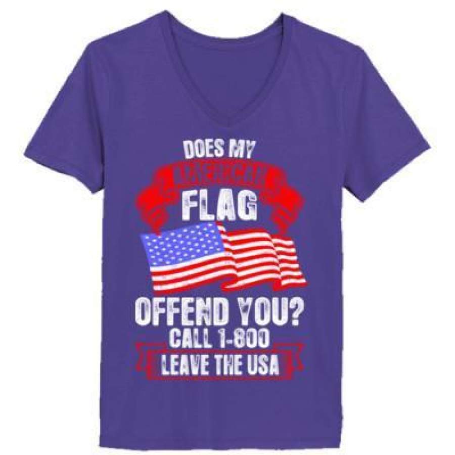 AGR Does My American Flag Offend You Leave The Usa – Ladies’ V-Neck T-Shirt