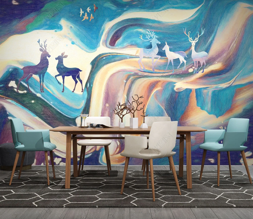 3D Watercolor Mountain Animal Elk Wall Mural Wallpaper Lqh 45