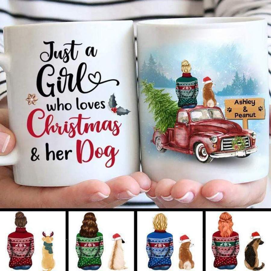 A Girl Christmas Dogs Red Truck Personalized AOP Mug