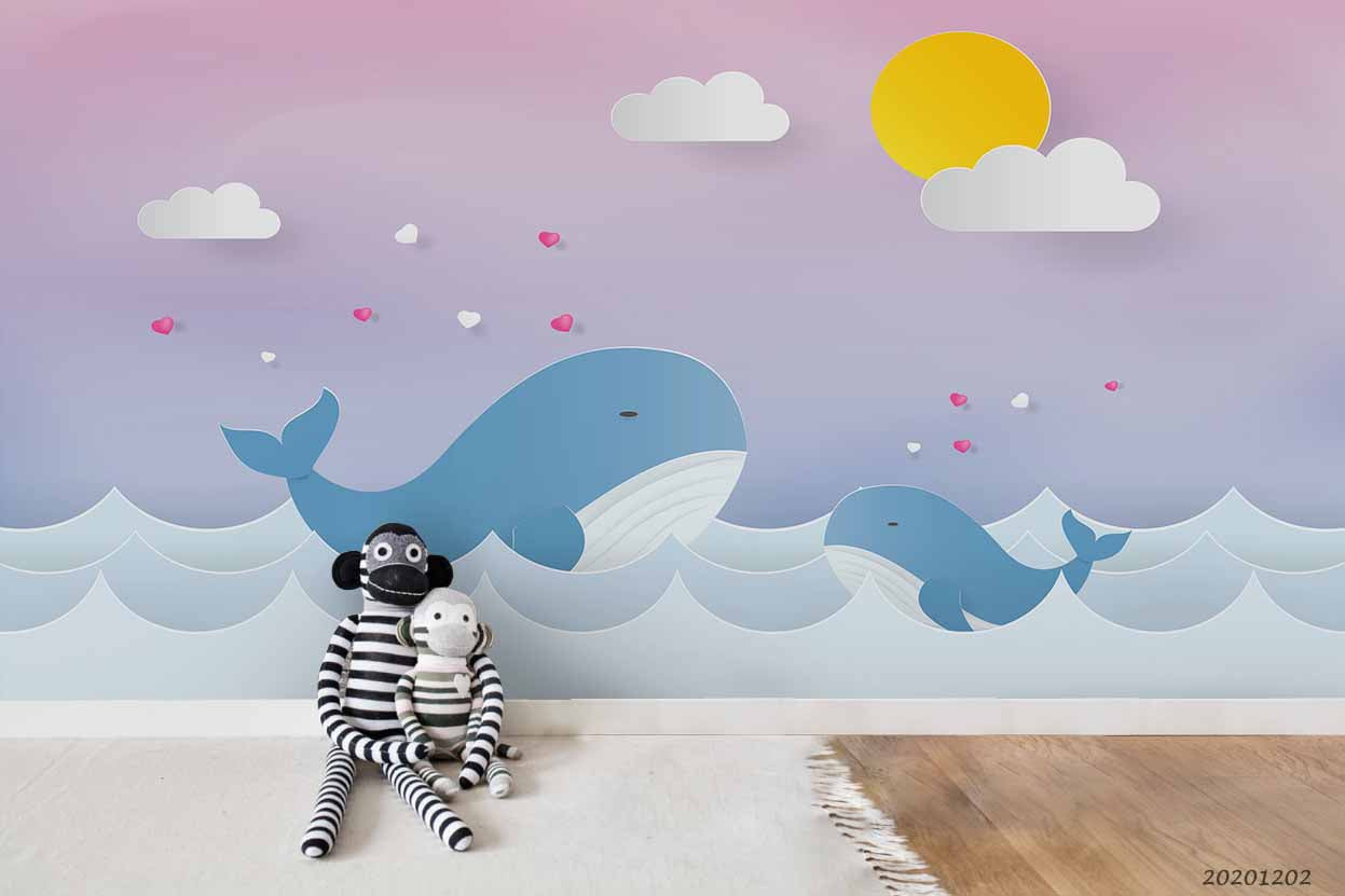 3D Cartoon Sunny Cloud Ocean Whale Fish Wall Mural Wallpaper Lxl