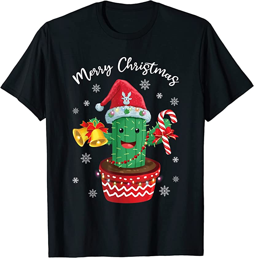 Merry Christmas Cute Cactus Santa Hat Candy Cane Funny Xmas T-Shirt