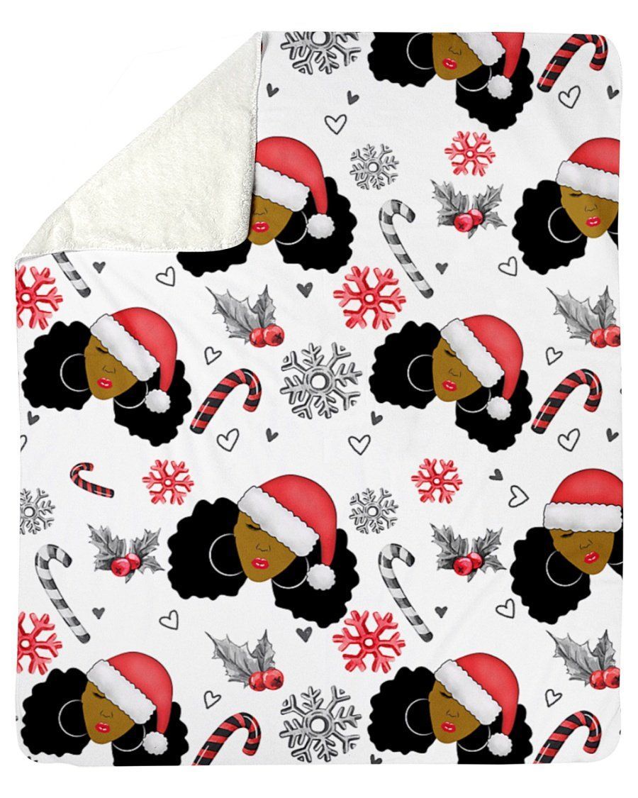 Black Women Christmas Pattern Snowflake Candy Cane Fleece Blanket