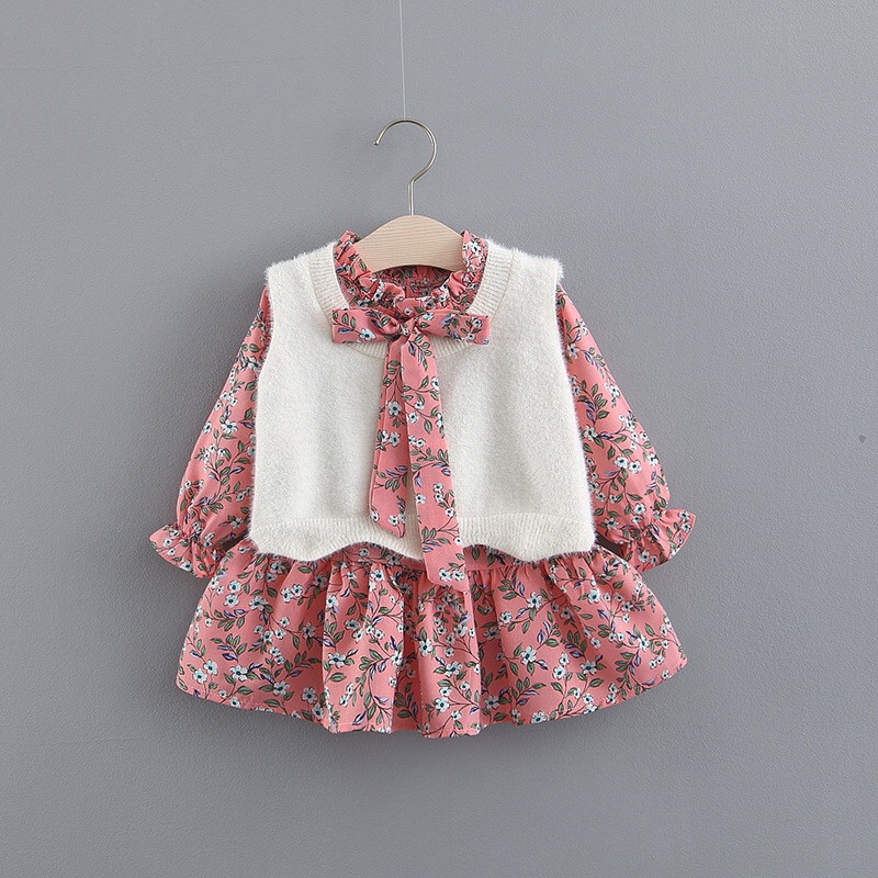 Baby Girl Dress With Vest 2pcs Clothes Set Cotton Long Sleeve Print Princess Birthday Party Dresses Baby Girl Clothes alx