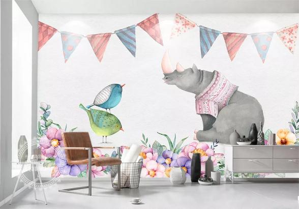 3D Cartoon Elephant Bird Wall Mural Wallpaper 213