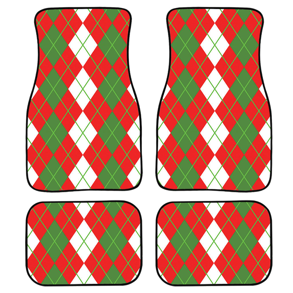 White Green And Red Argyle Pattern Print Front And Back Car Floor Mats, Front Car Mat