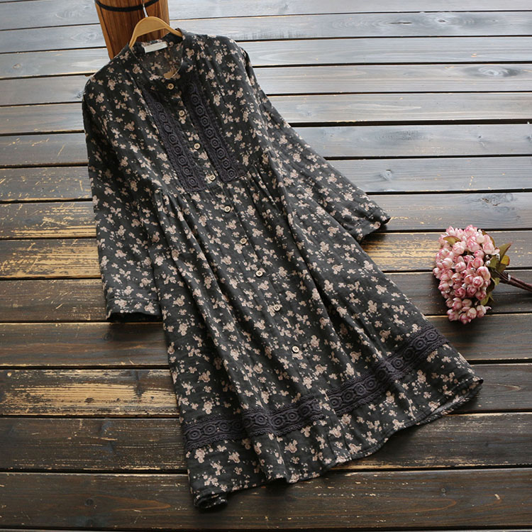 6726 New Spring Women Dress Literary Vintage Floral Print Lace Stand Collar Long Sleeve Cotton And Linen Midi Dresses Women alx