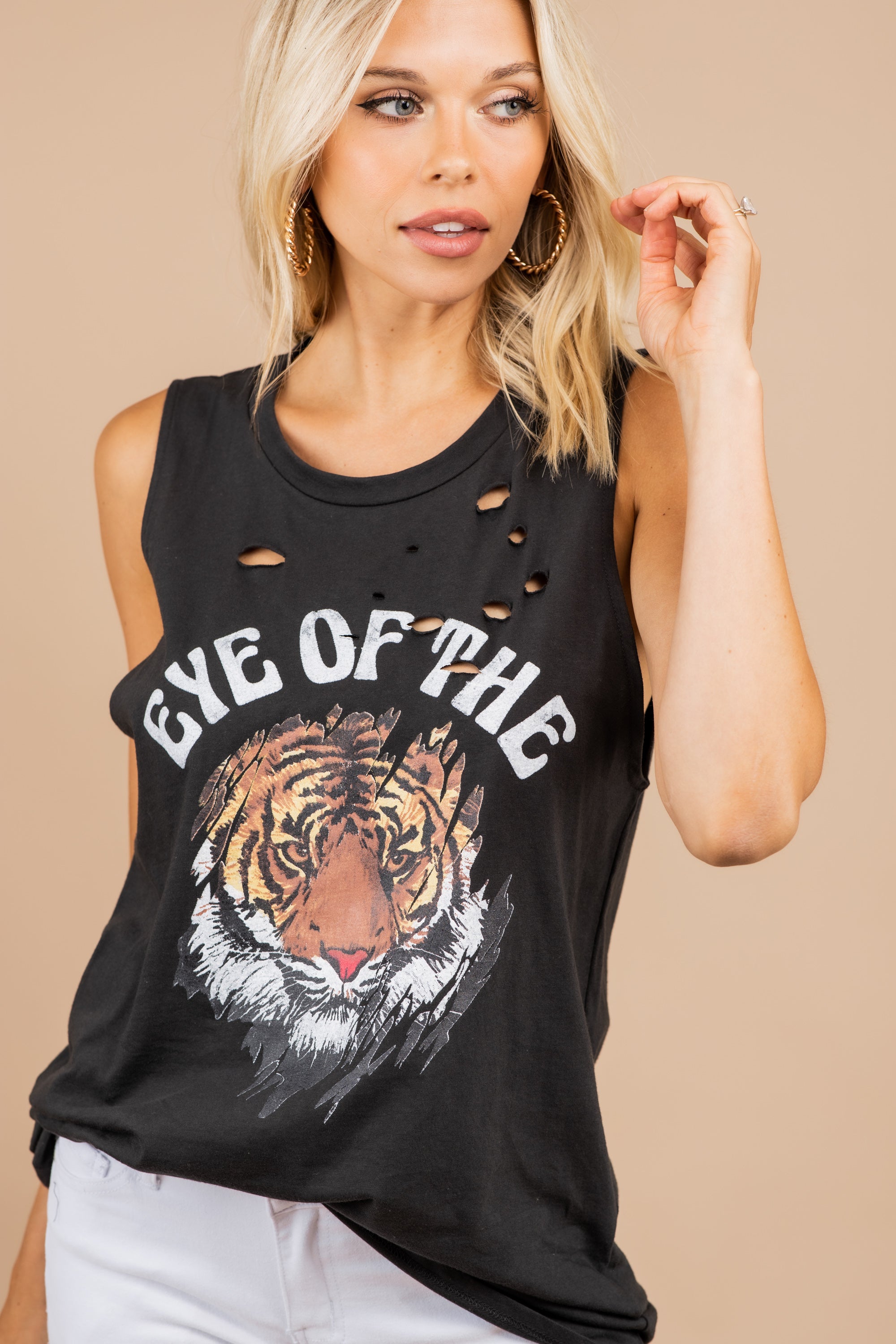 Eye Of The Tiger Black Distressed Graphic Tank