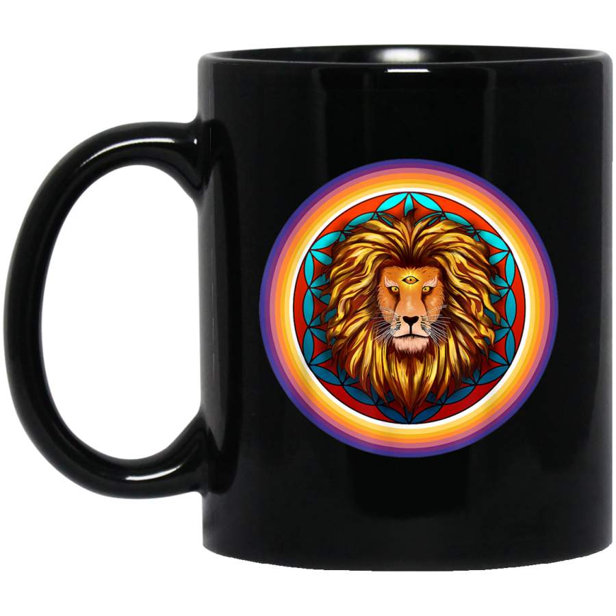 Third Eye Lion Flower of Life Aura Great Energy Boost Black Mug