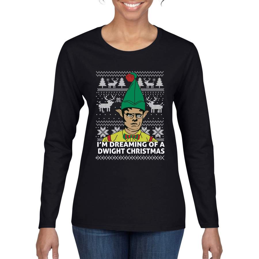 The Office Dwight Dreaming Of A Dwight Christmas Ugly Christmas Sweater Womens Graphic Long Sleeve T-Shirt