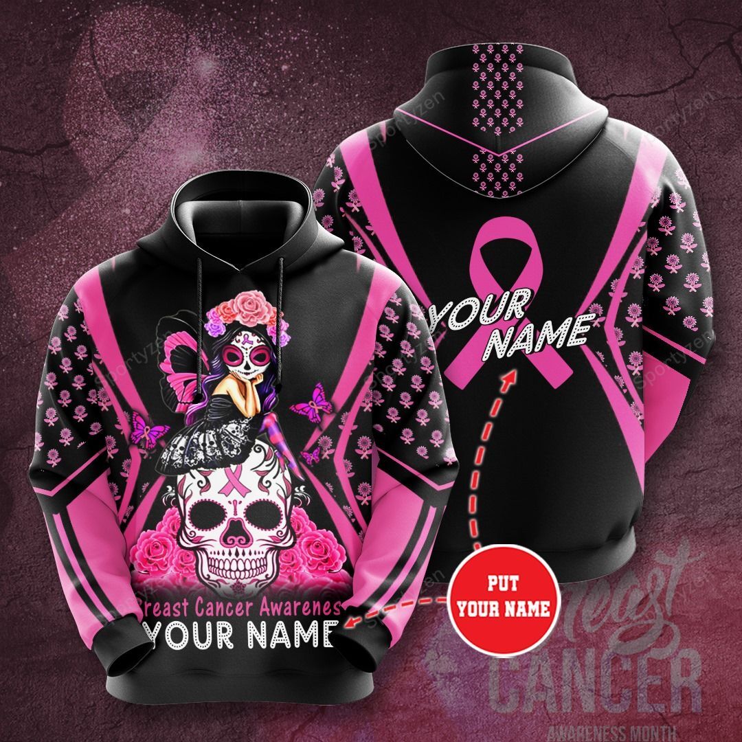 Skull Girl Breast Cancer Awareness Custom Name Hoodie 3D #Kv