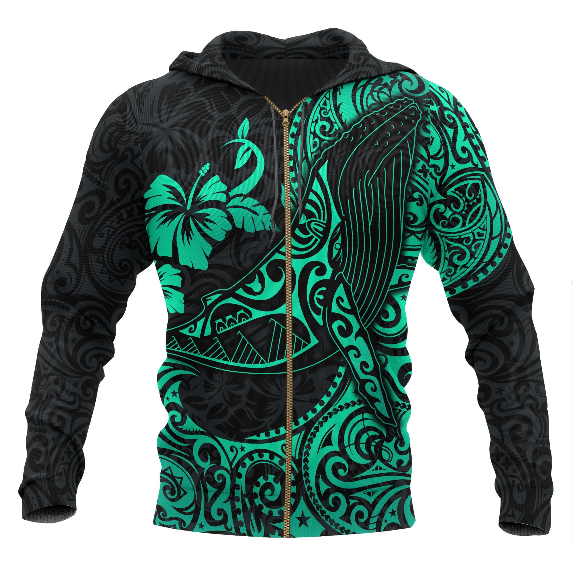 Polynesian Hawaii Zip-up Hoodie – Polynesian Turquoise Humpback Whale – Pacific Print Hoodie