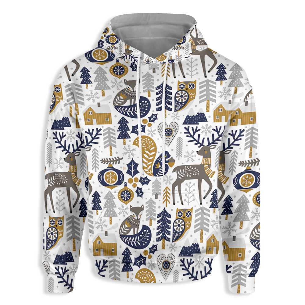 Scandinavian Christmas All Over Print Hoodie, Forest Wild Animals Hoodie Graphic