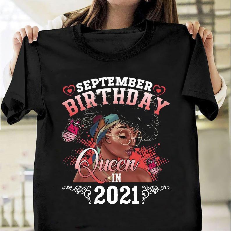 September Girl Tee Black Girl Letters Print Short-sleeved Queen Girl’s Birthday T-shirt