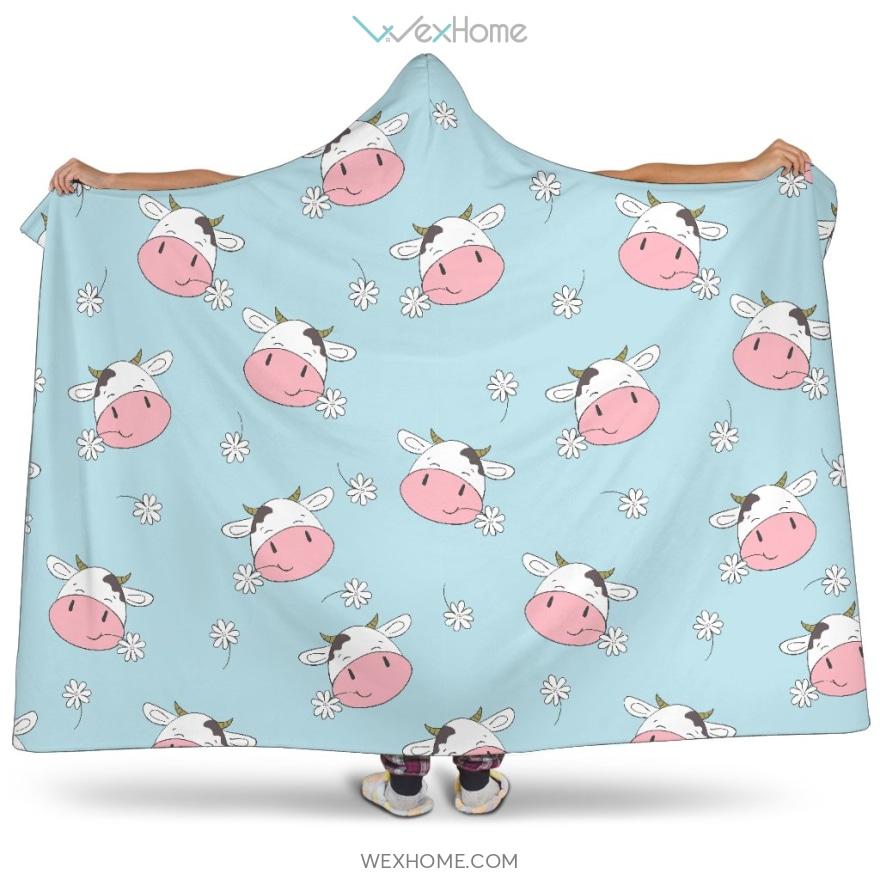 Cute Cow Flower Pattern Hooded Blanket