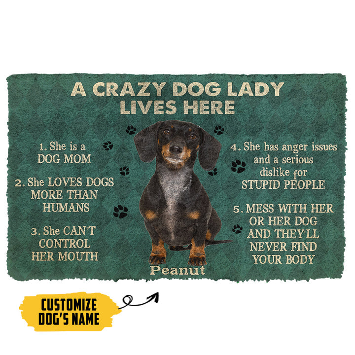 Waybackapparel A Crazy Dog Lady Lives Here Black Dachshund Custom Name 3D Doormat