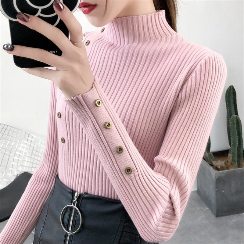 2022 Women Autumn Knitted Slim Sweaters Solid Knitted Female Cotton Soft Elastic Color Pullovers Button Full Sleeve Turtleneck alx