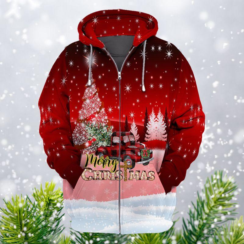 Red Shirt Decorated Merry Christmas Pattern 3D Zipper Hoodie