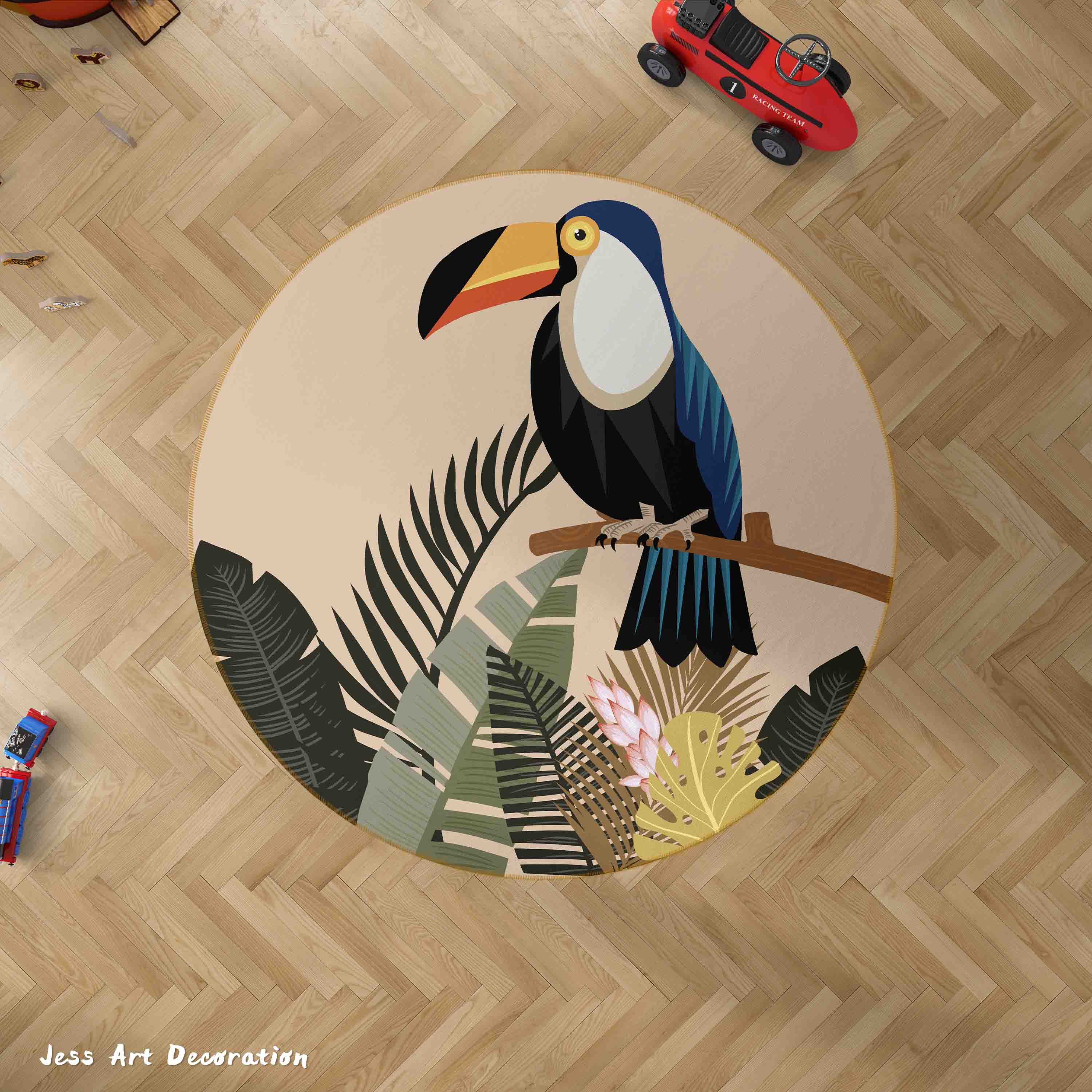 3D Tropical Leaf Animal Toucan Kids Non-Slip Round Rug Mat 1