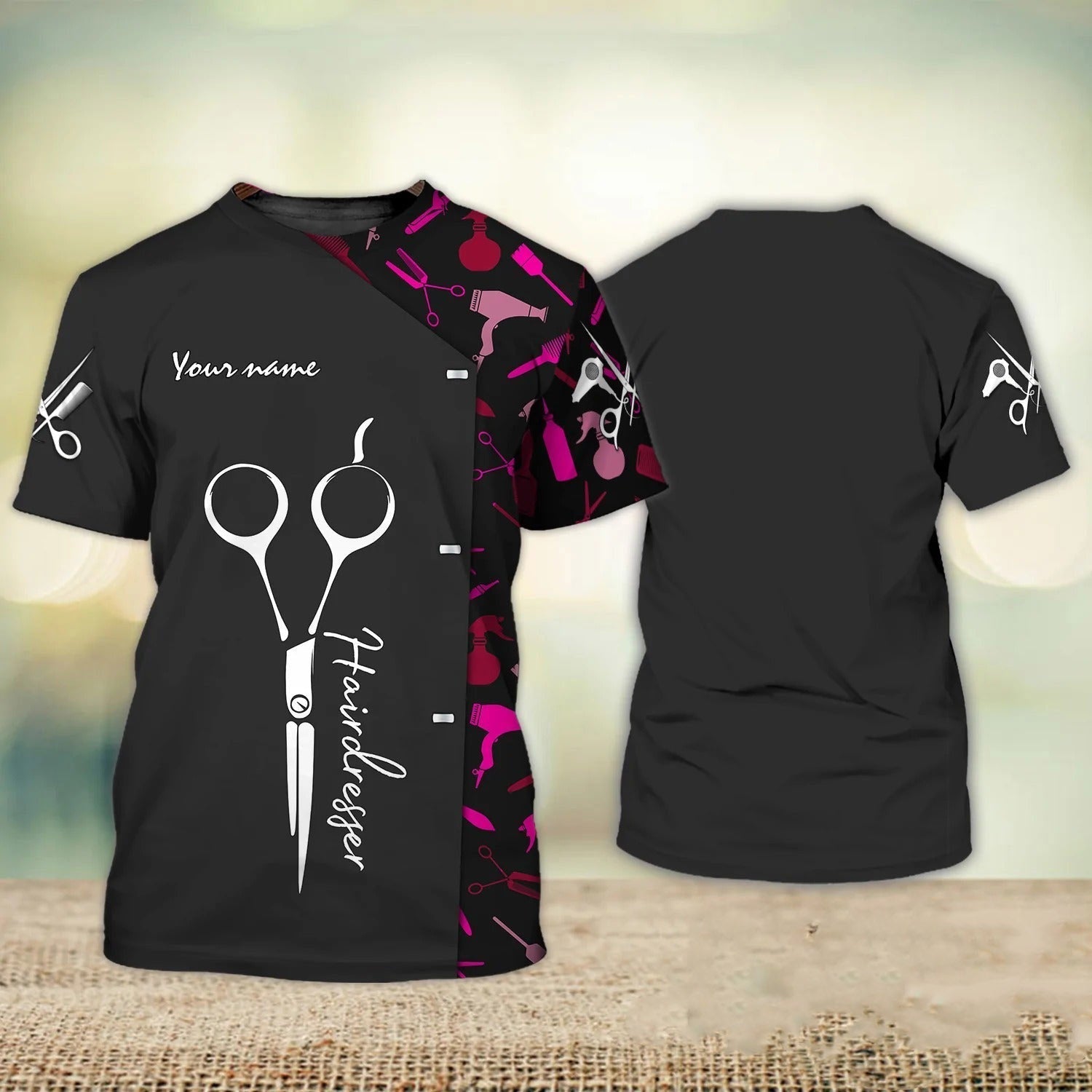 Custom Name 3D Barber Shirt Hairdresser Stylist Hairdresser Uniform Pink