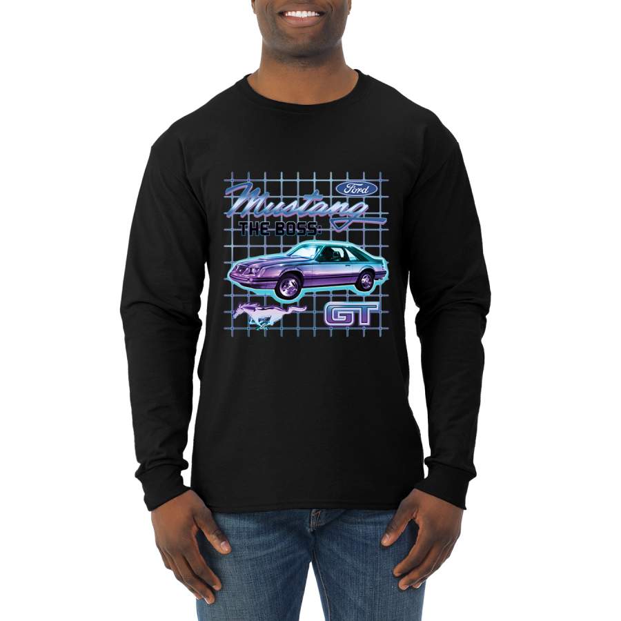 Ford Mustang GT The Boss Retro Neon Vintage Cars and Trucks Mens Long Sleeve Shirt