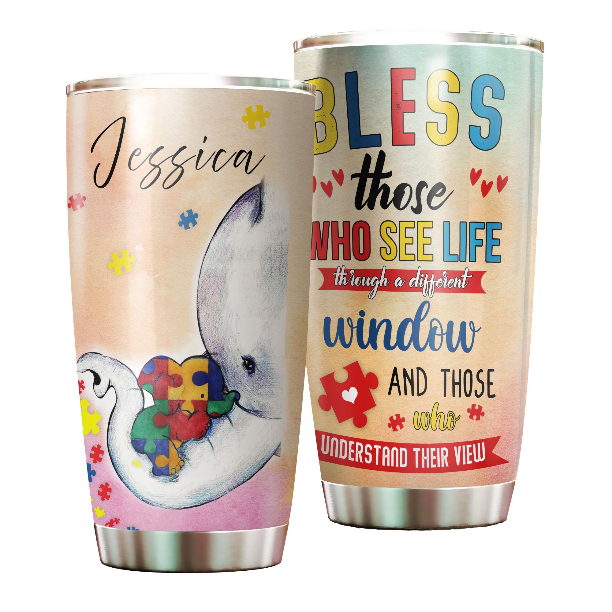 Personalized Elephants Autism Blessing Pieces Heart Stainless Steel Tumbler – Double-Walled Insulation Travel Thermal Cup With Lid Gift For Autism Awareness Month