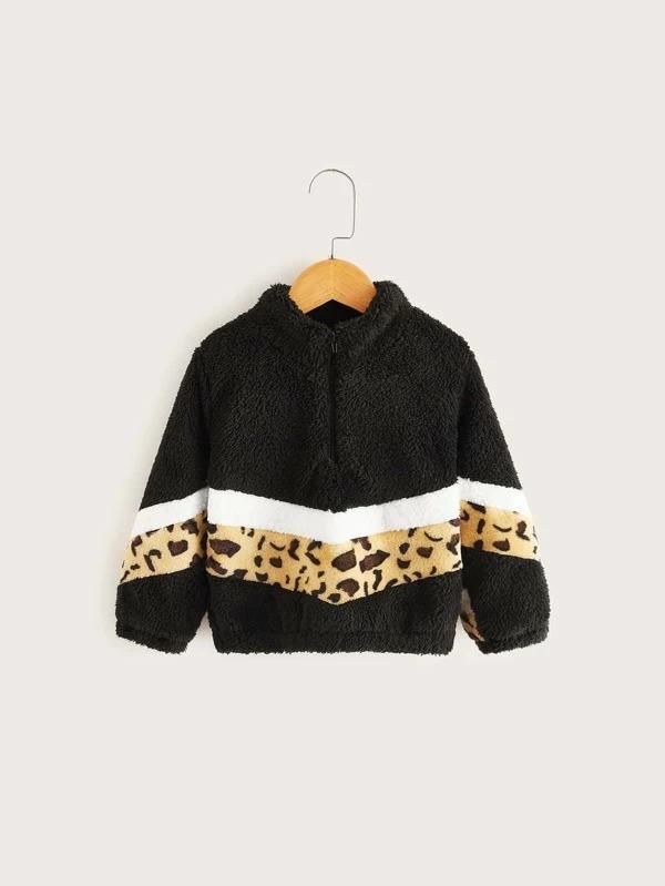 Toddler Girls Leopard Panel Half Zipper Teddy Sweatshirt