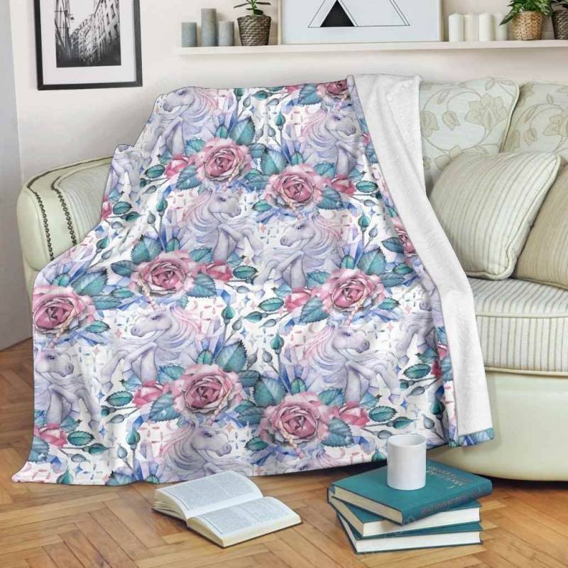 White Fairy Rose Unicorn Pattern Premium Fleece Blanket