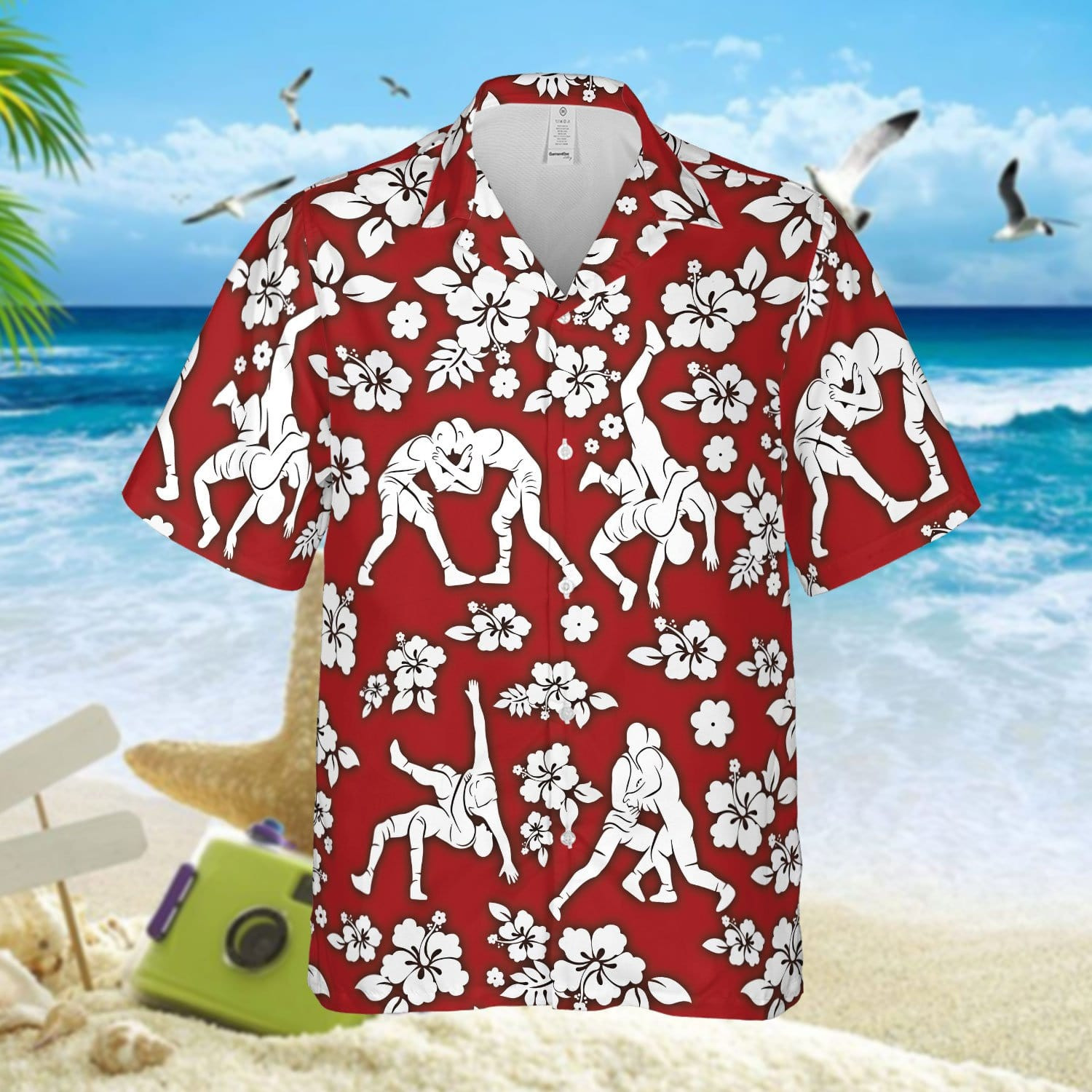 Free Hugs Wrestling Red Hibiscus Pattern Unisex Hawaii Shirts Beach Shorts Ha86928