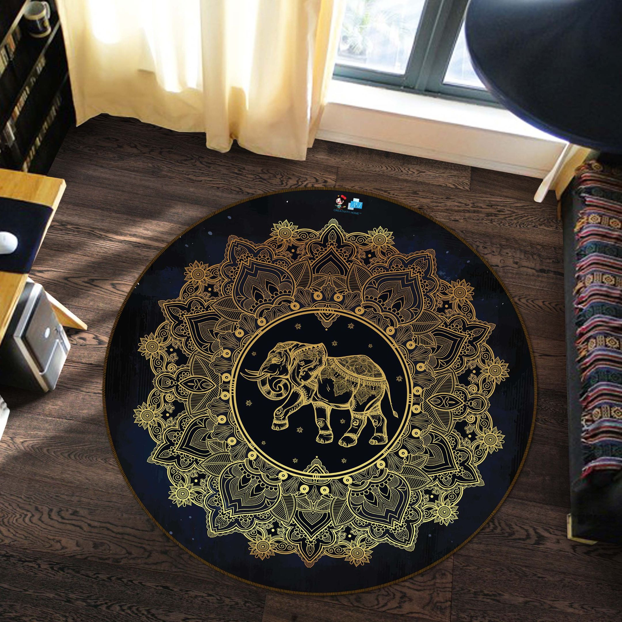 3D Golden Elephant Pattern 74227 Round Rug – Round Carpet Home Decor