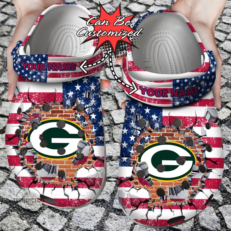 Football Personalized GPackers American Flag Breaking Wall Clog Shoes