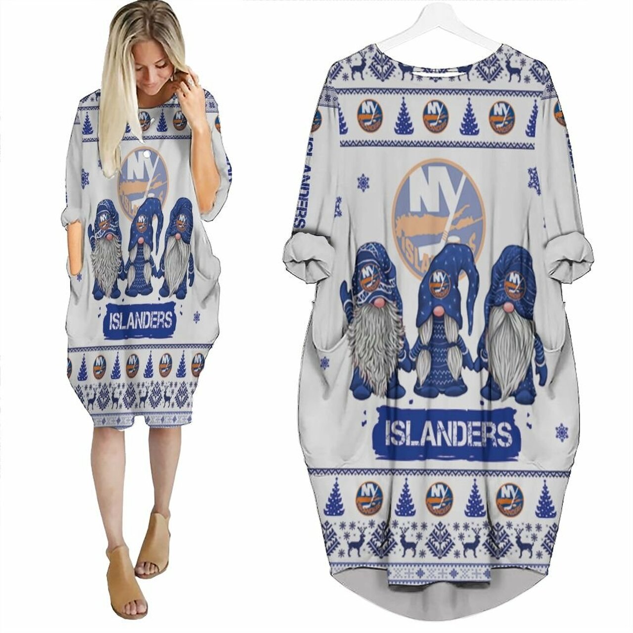 Christmas Gnomes New York Islanders Ugly Sweatshirt Christmas 3D Batwing Pocket Dress Model A29711