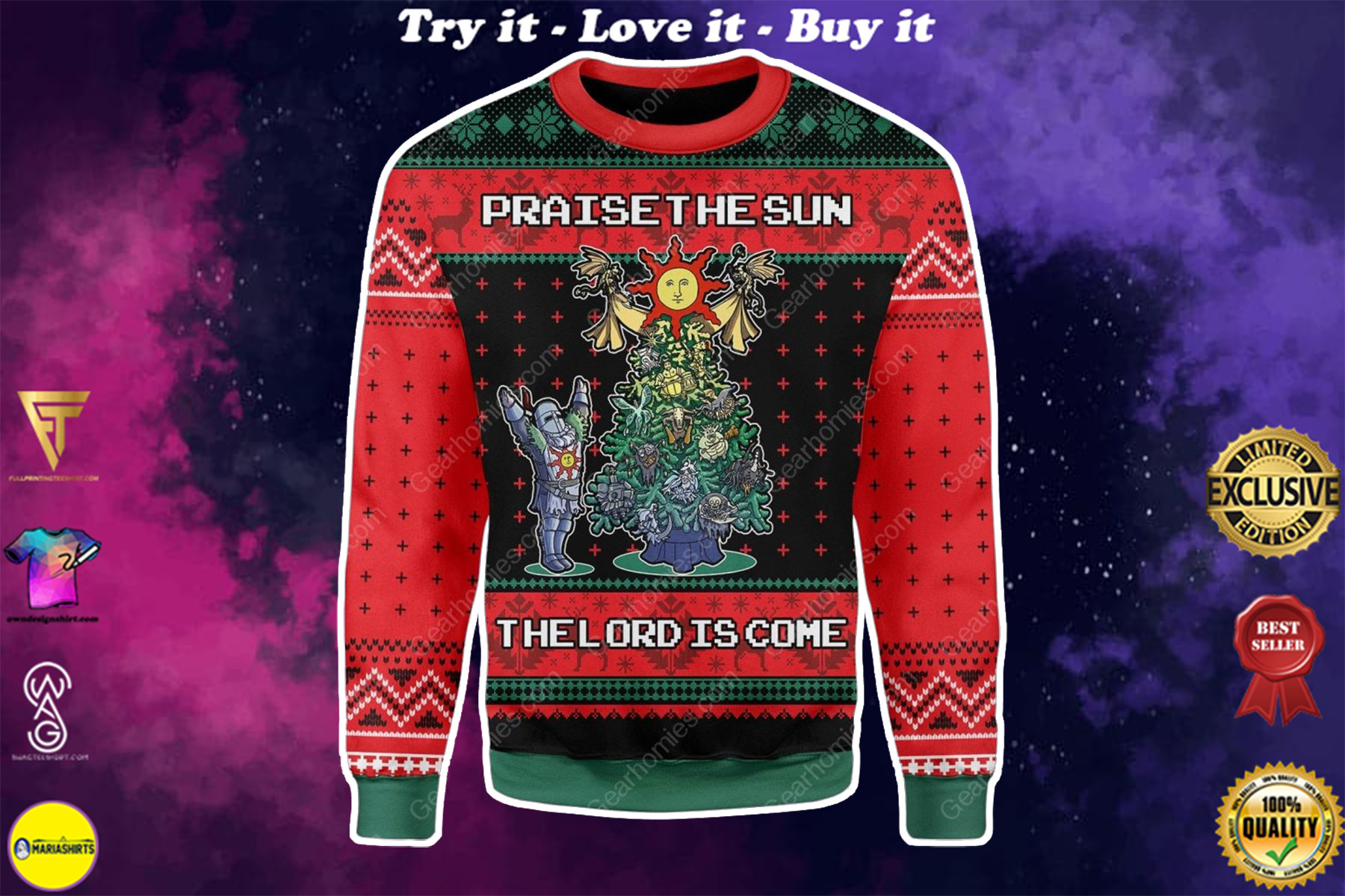 [High Quality] Praise The Sun The Lord Is Come Christmas Tree All Over Printed Ugly Christmas Sweater