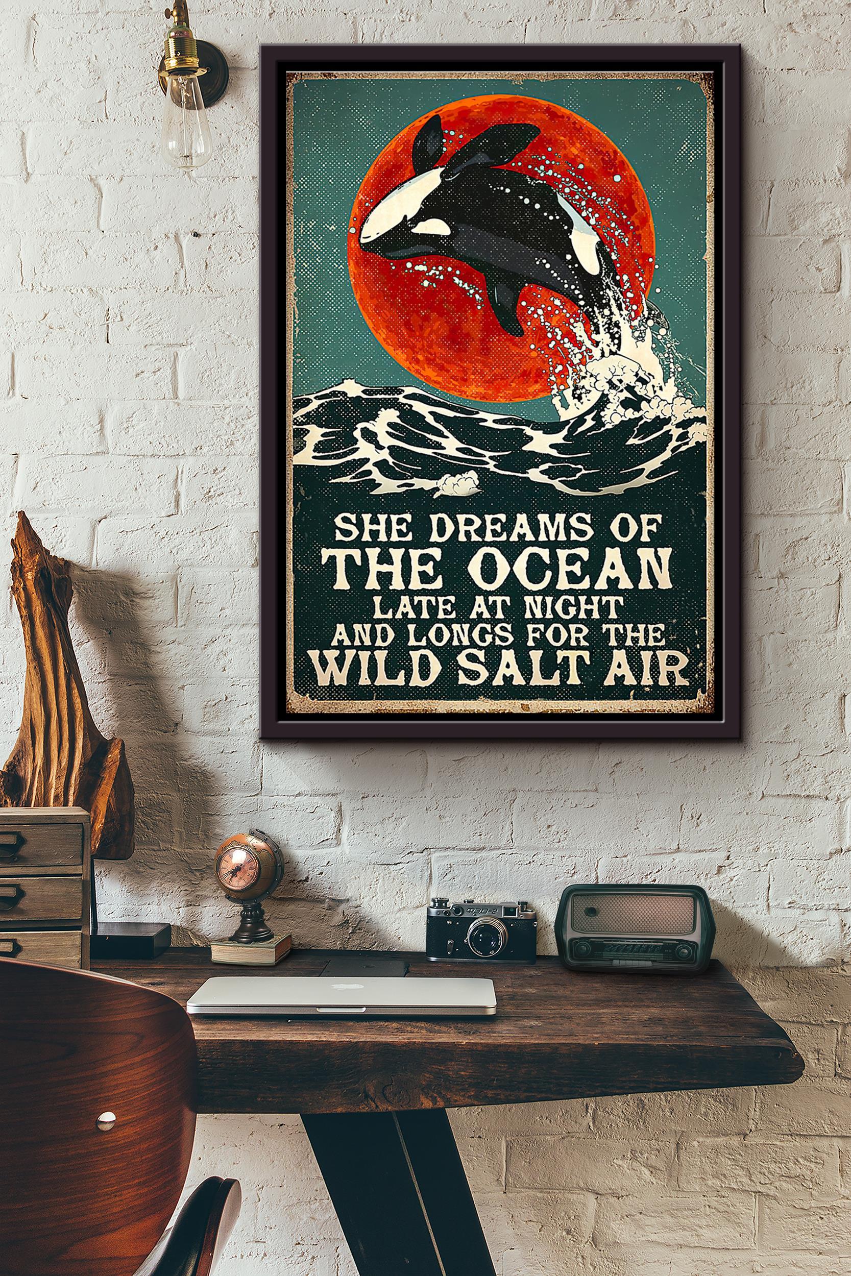 Whale She Dreams Of The Ocean Late At Night Blood Moon Poster Framed Matte Canvas