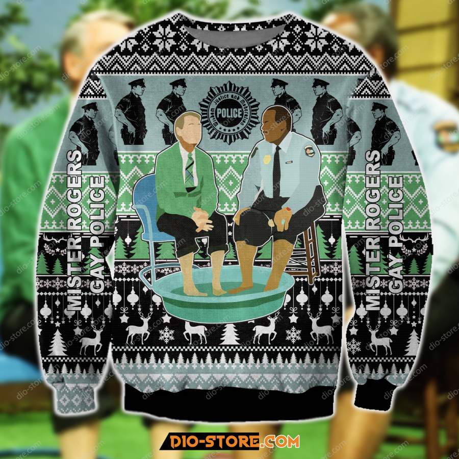 3D ALL OVER PRINT KNITTING PATTERN MISTER ROGERS GAY POLICE UGLY CHRISTMAS SWEATER