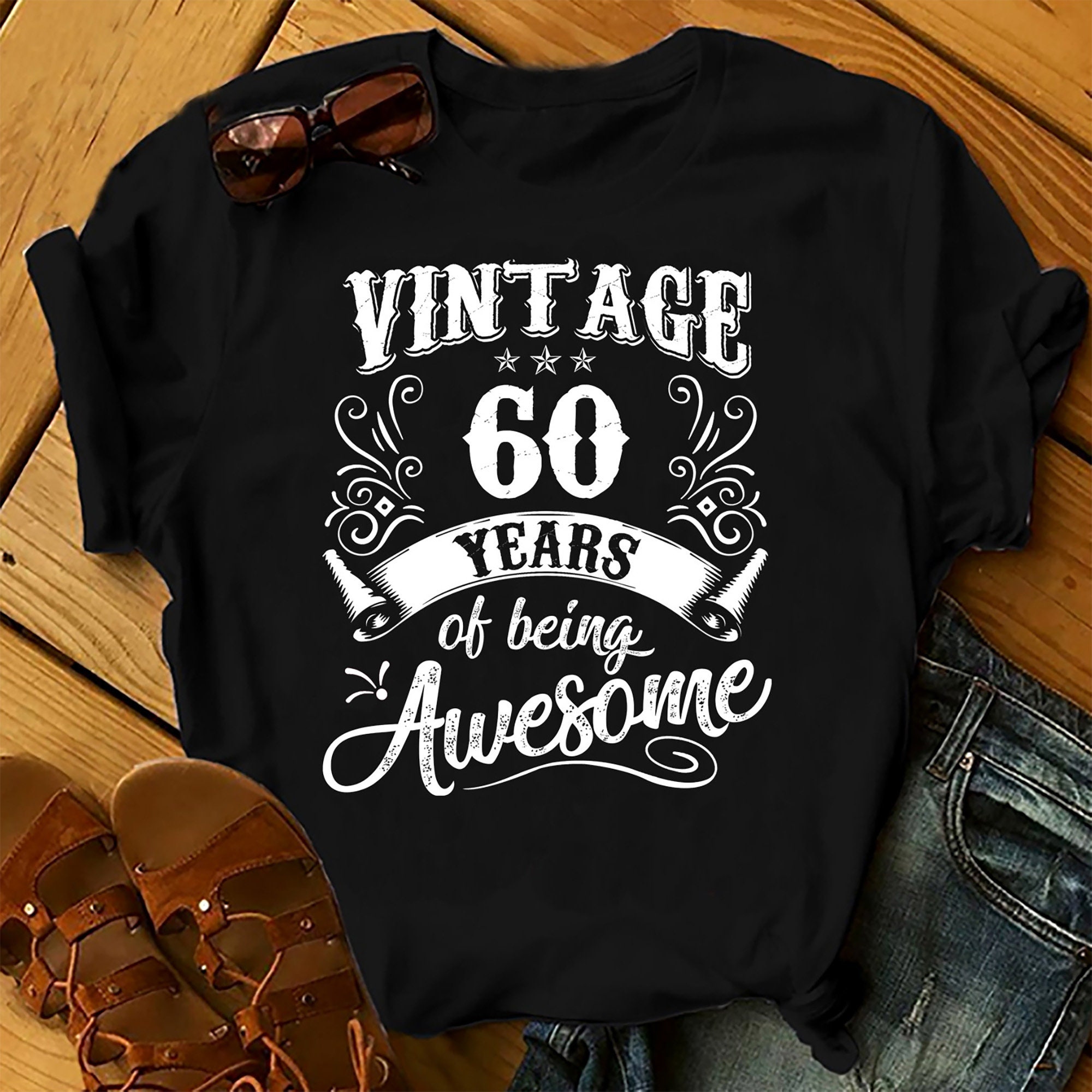 Vintage 60 Years Of Being Awesome – Shirts Women, Birthday T Shirts, Summer Tops, Beach T Shirts