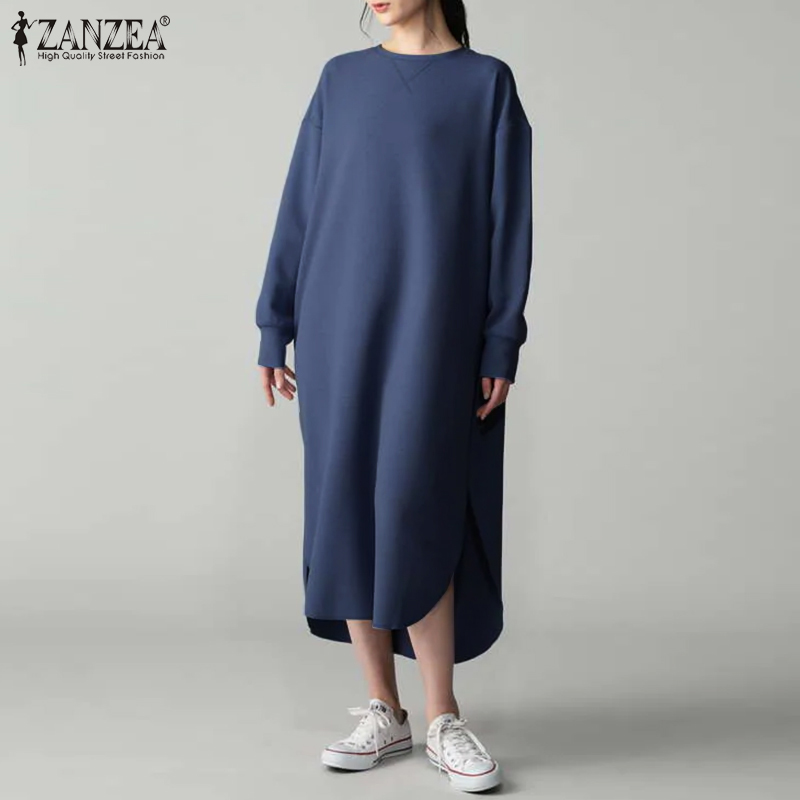 ZANZEA Women Autumn Pocket Sweatshirt Dress Round Neck Long Sleeves Vestidos Lady Casual Side Fork Irregular Robe alx